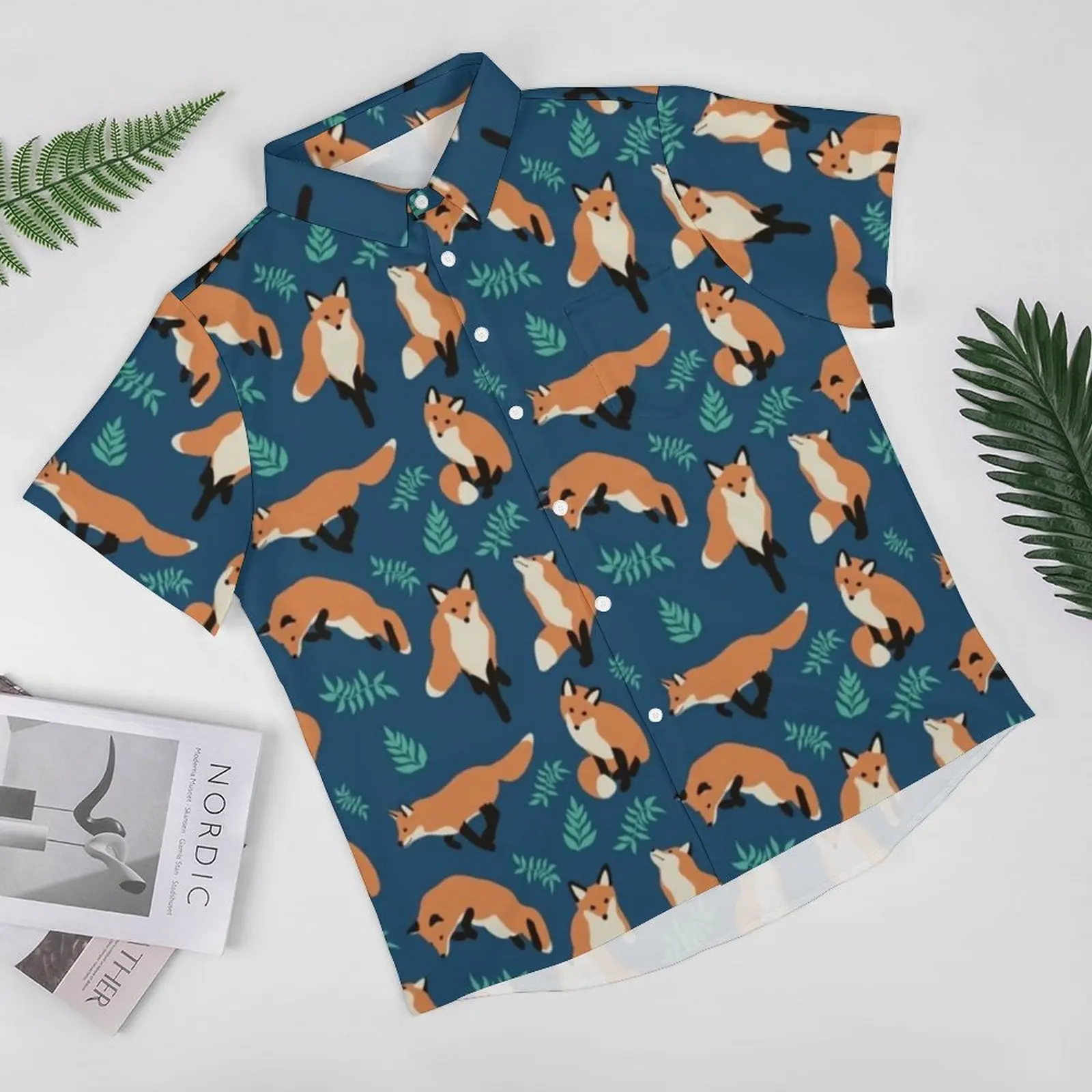 Bonito raposa animal praia camisa folhas verdes impressão havaiana camisas casuais masculino harajuku blusas verão roupas gráficas plus size 4xl