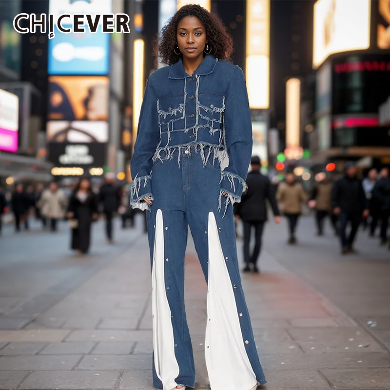 

CHICEVER Casual Denim Two Piece Sets Women Lapel Flare Sleeve Spliced Tassel Short Tops High Waist Wide Leg Trousers Suit Female