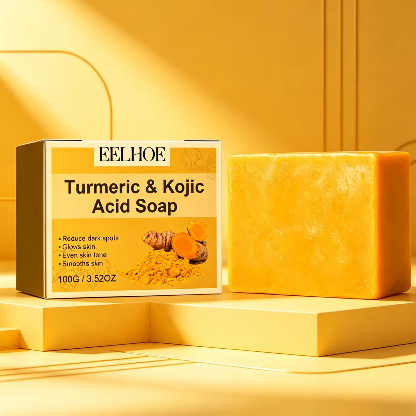 EELHOE Jabón de Cúrcuma y Koji 100g, Limpieza Suave para Rostro y Cuerpo, Aclara e Iguala el Tono de Piel, Hidratante, Uso Diario