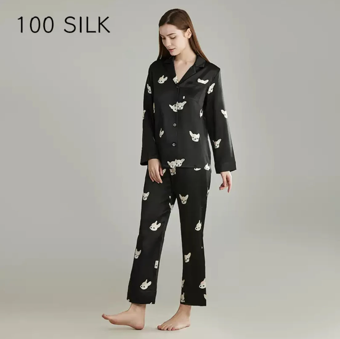 Daily gold | High-end silk pajamas for couples, 100% mulberry silk, men's and women's same set, small puppy print, home clothes