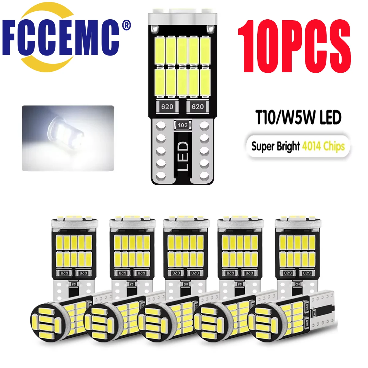 10Pcs T10 W5W Canbus Led Bulbs 168 194 SMD 4014 Chip 6000K White Car Interior Dome Reading License Plate Light Auto Bulb