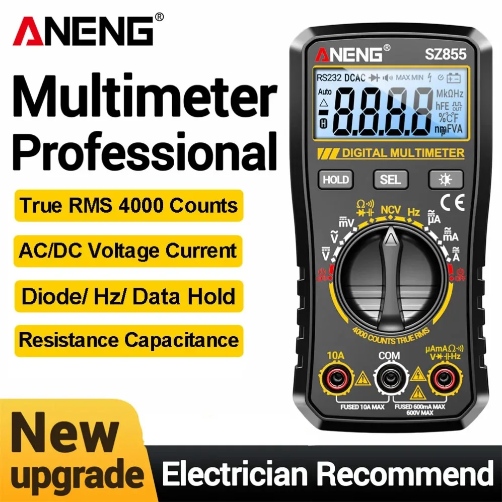 

ANENG SZ855 Digital Multimeter True RMS 4000 Counts NCV 600V AC/DC Voltage Tester NCV Ohm Capacitance Diode Electrician Tool
