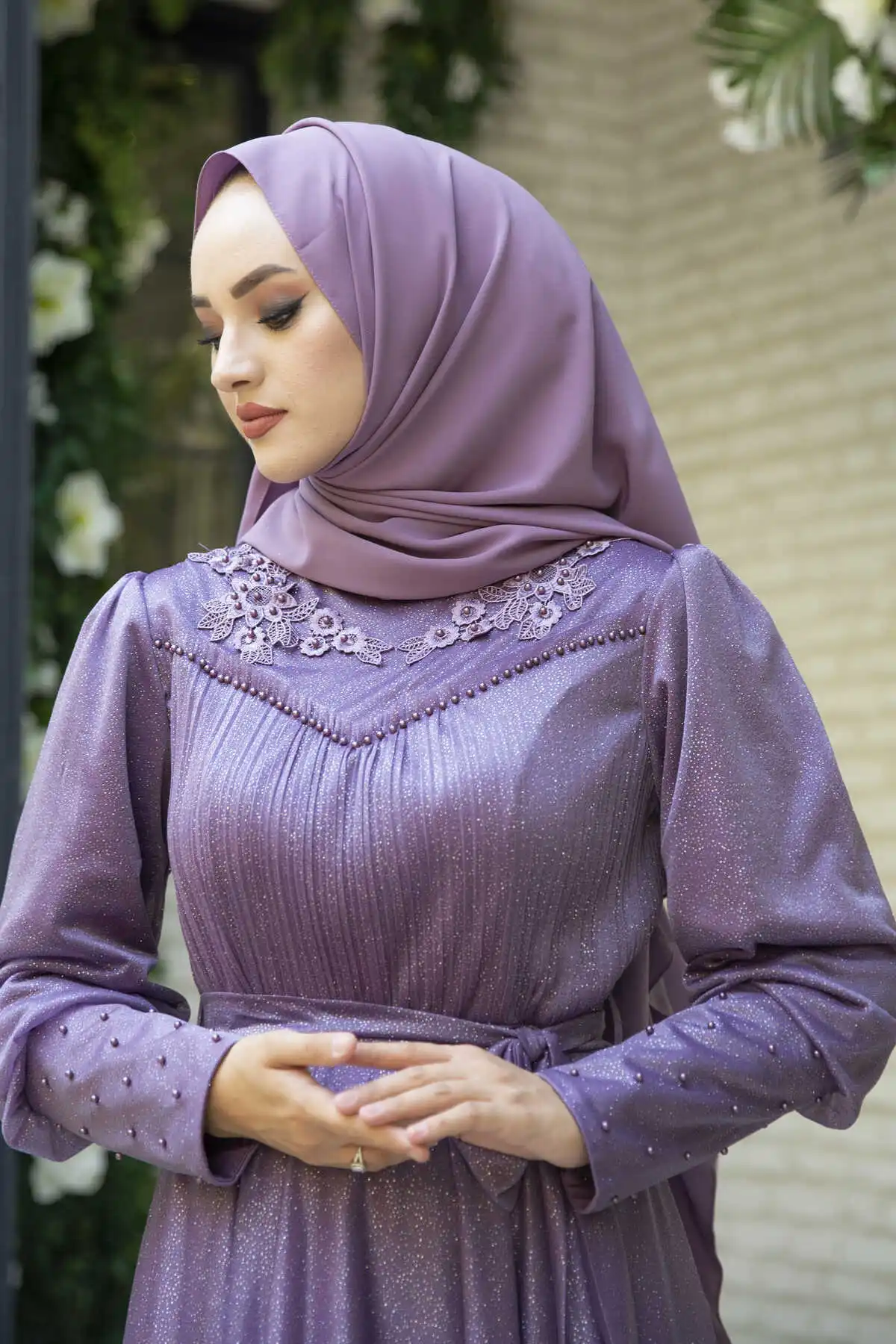 Filet lace Detaylı Silvery Chiffon Hijab Evening Dress Lavender