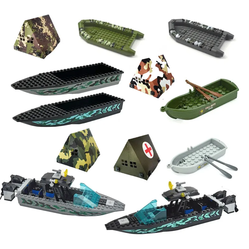 MOC Military Army Camouflage Rubber Boat Canoeing Lifeboat Kayaking Army Tent WW2 Warship ModelKid Building Blocks Toys Gifts