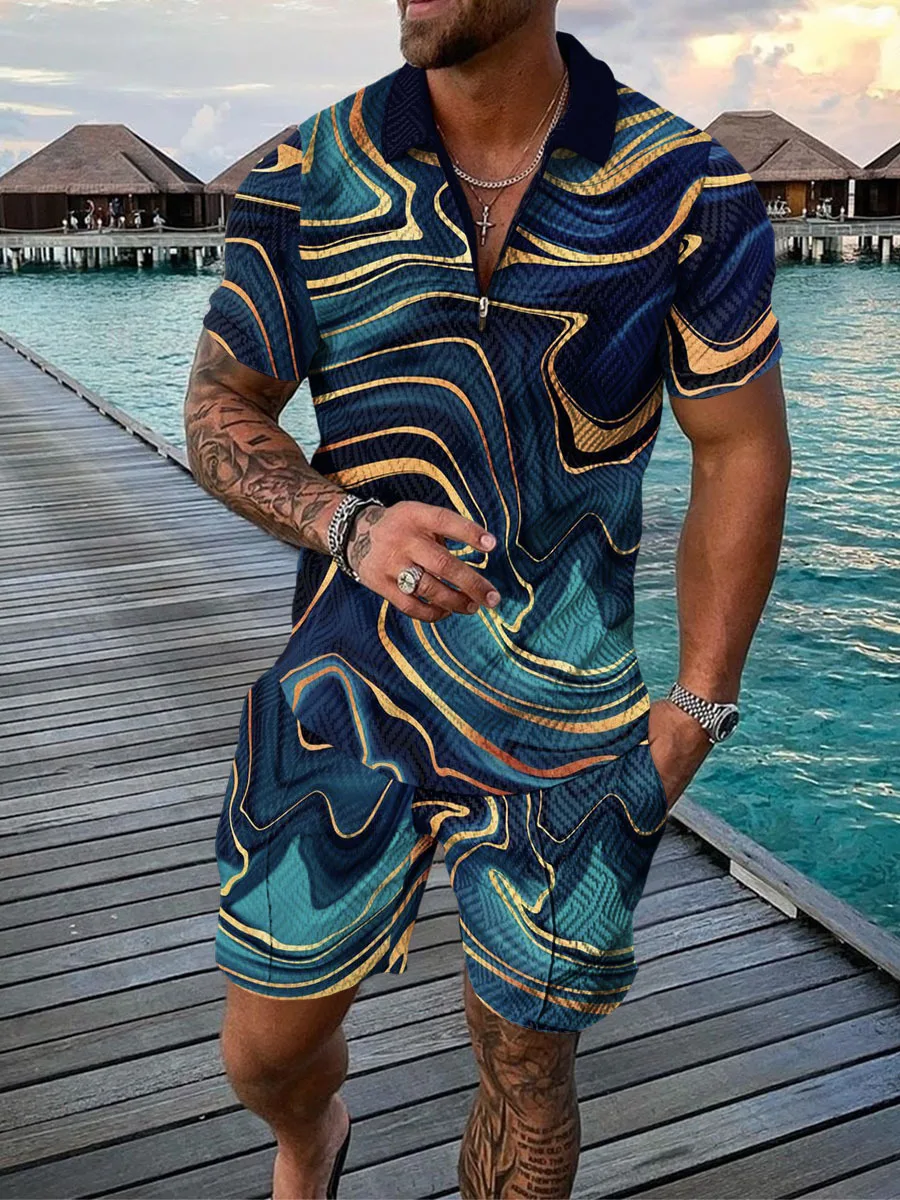 Conjunto de 2 piezas con estampado de tigre en 3D para hombre, conjunto de 2 piezas con cremallera y pantalones cortos, Estilo Vintage Hawaiano,