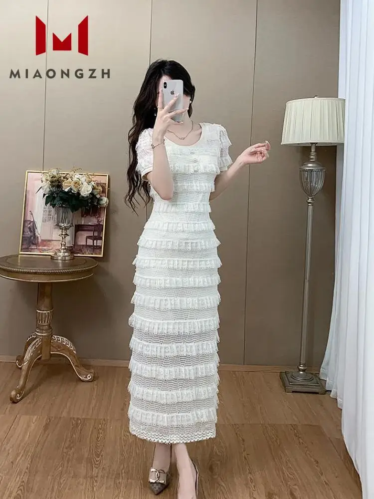 

2024 Summer Dresses For Women O Neck Patchwork Cake Skirt Temperament High Waist Short Sleeve Solid Fashion Slimming Dress New