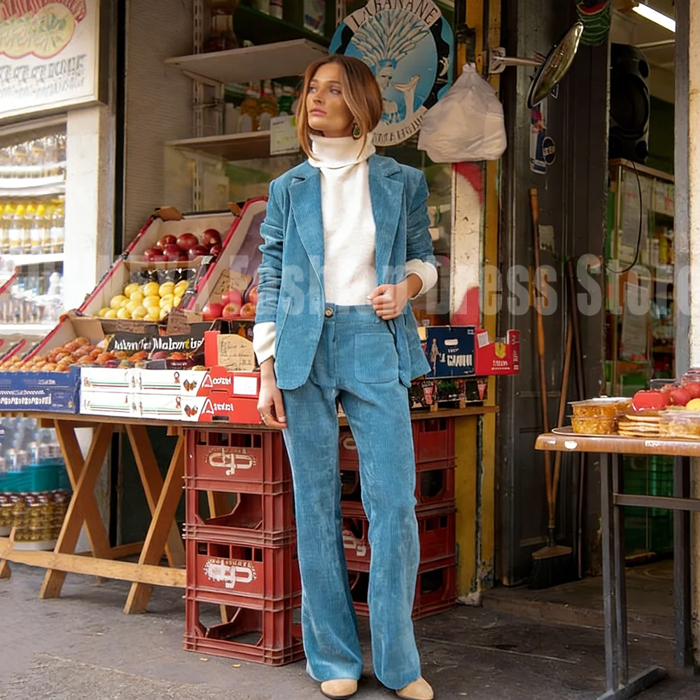 

2026 Spring Autumn New Corduroy Fashion Suit 2 Piece Set Casual Temperament Slim Jacket Pants Office Commute Chic Lady Outfits