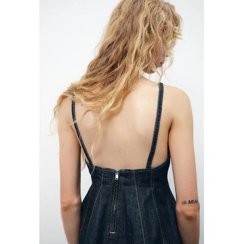 Women's Spring New Sle Pure Desire Wave Pattern Wide Swing V-ne Thin Strap Denim Top Slim Fit Commute Sle Single Piece