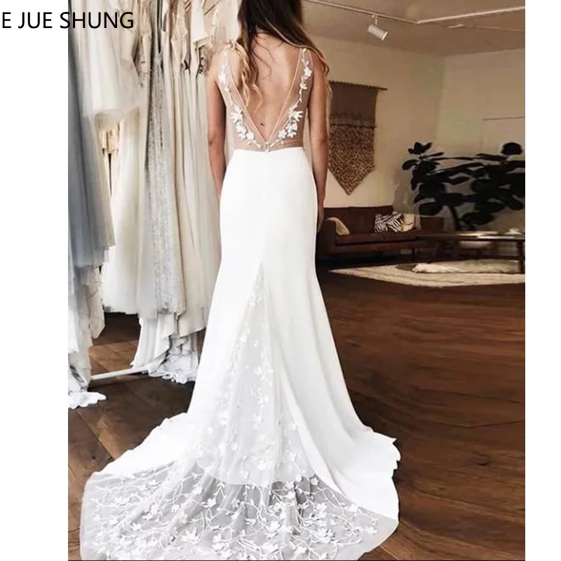 

Crepe Mermaid Boho Wedding Dresses Lace Deep V-neck Sexy Backless Summer Beach Bridal Gowns