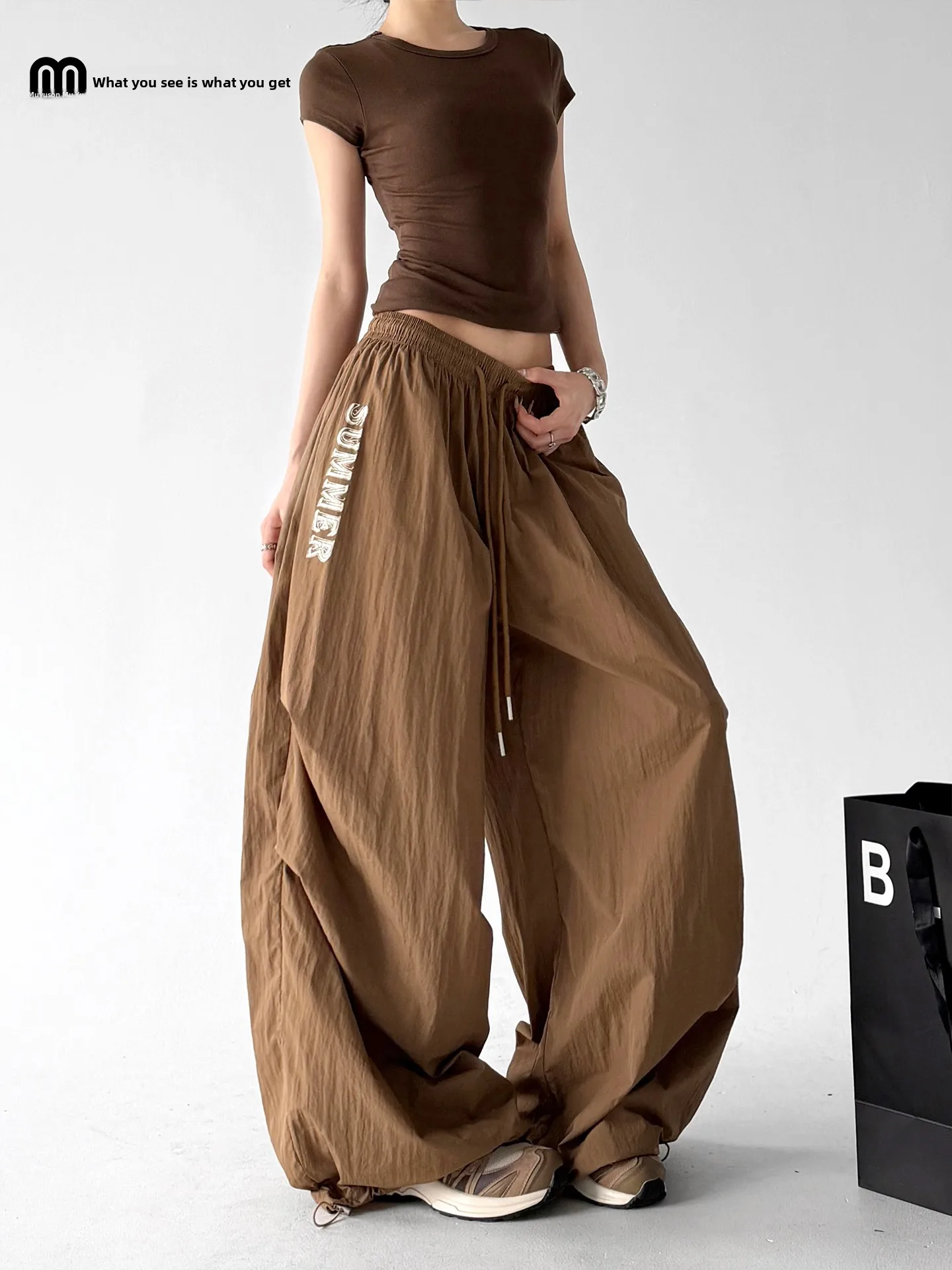 

2026 Summer Women's Wide Leg Workwear Pants Loose Casual Paratrooper Trousers Folded High Waist Nylon Casual Pants for Ladies