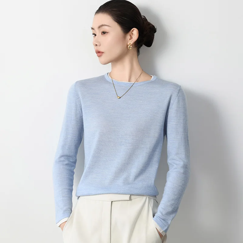 Women Fake Two-piece Sweater Slim Pullover Warm Tops 100% Merino Wool Sweater Knitwear Long Sleeve Solid Casual Clothes