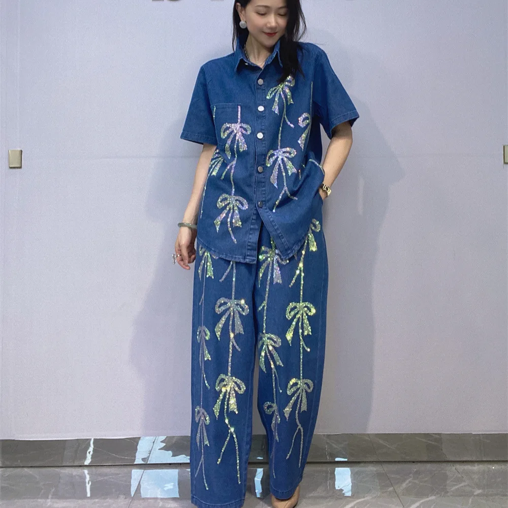 

Fashion 2 Piece Sets Womens Outfits Bowknots Diamonds Denim Pant Set Summer Casual Cardigan Short Sleeve Cowboy Tracksuit
