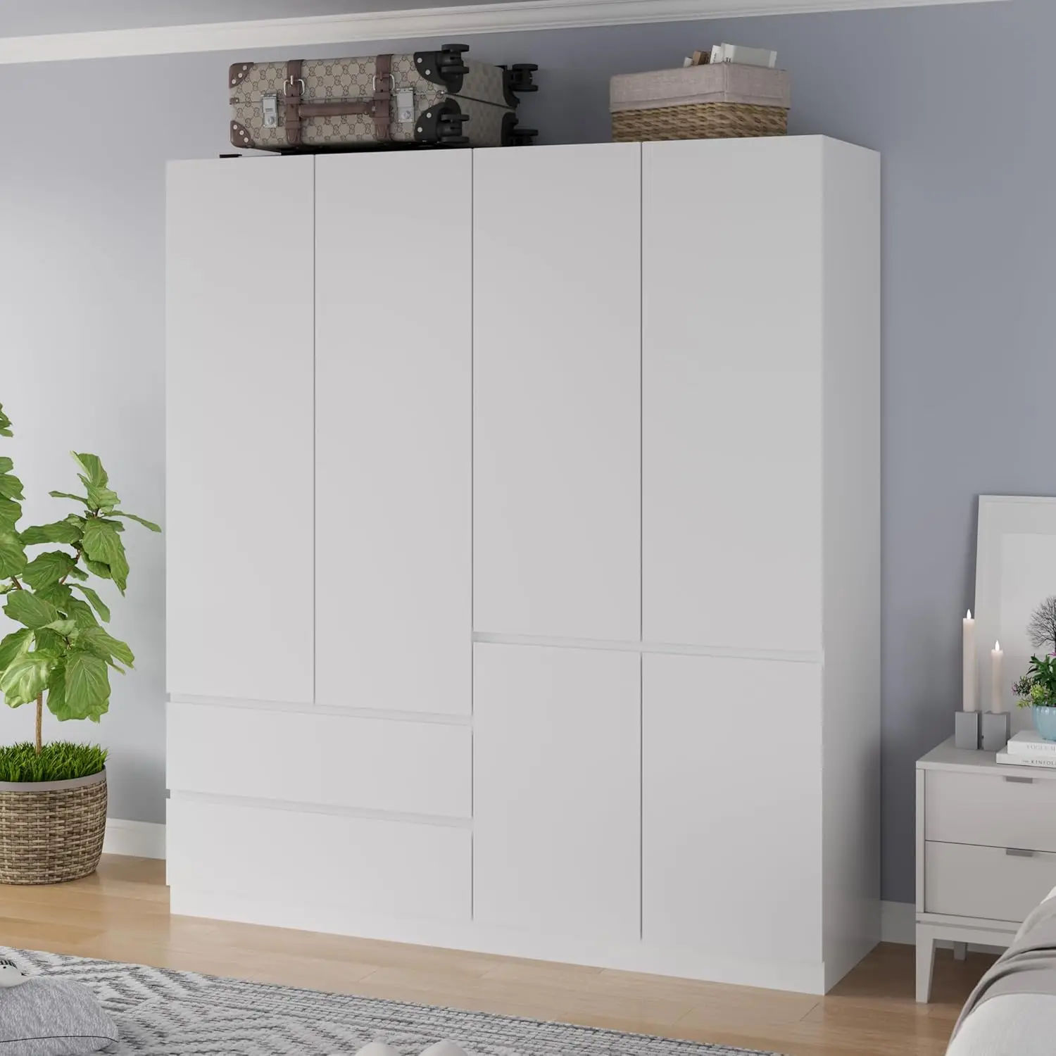 

Armoire Wardrobe Closet With Drawers And Shelves, 4 Door 2 Drawers White Bedroom Armoires, Modern Wooden Wardrobe, Customized