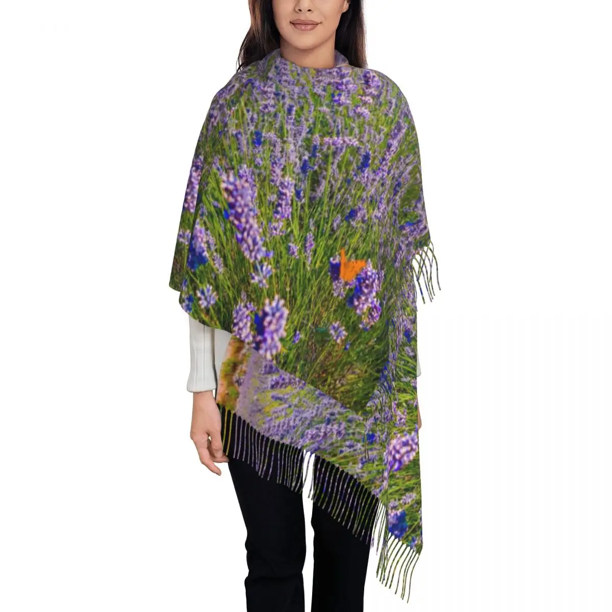 

Female Scarf Outdoor Lavender Field Scarves Wraps with Tassel Purple Flower Print Shawls and Wraps Winter Designer Bufanda Mujer