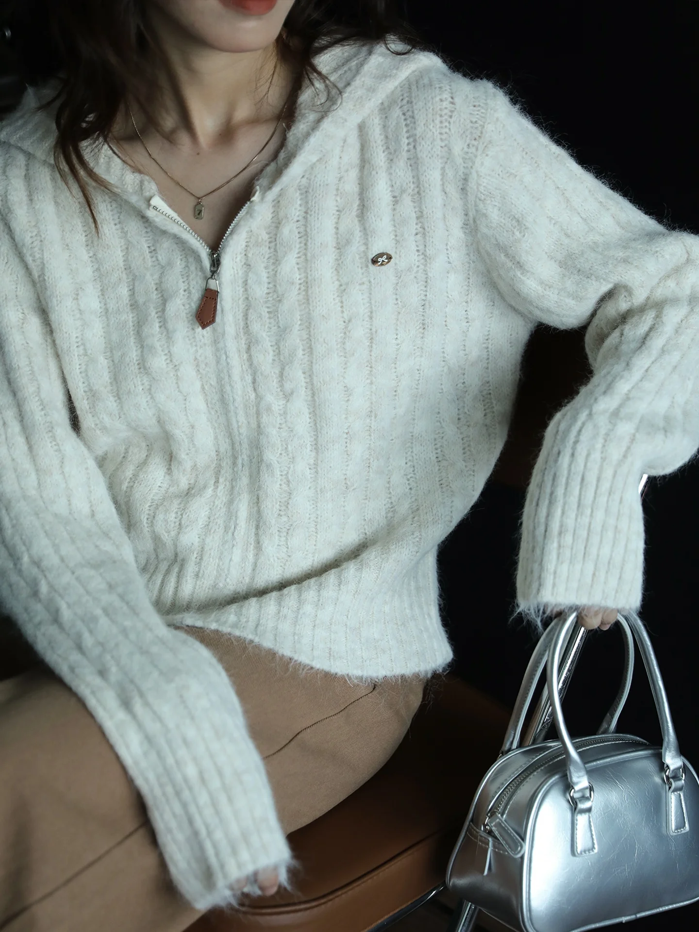 

Soft Cozy Women's Knitted Zipper Sweater Autumn Winter New Sle Loose Versatile Retro Twist Hat Jaet Fem Commute Sle