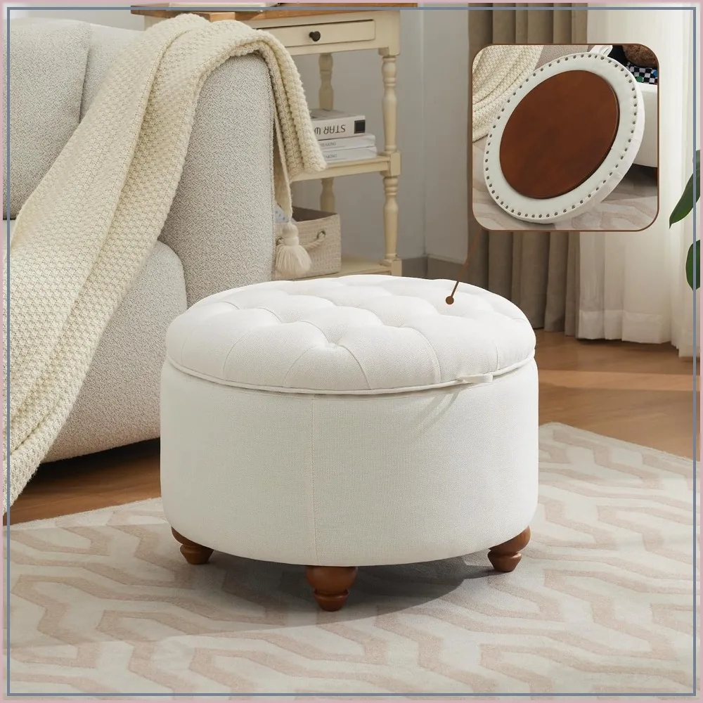 Round Storage Ottoman 24 Inch with Tray Tufted Fabric Coffee Table Removable Top Beige