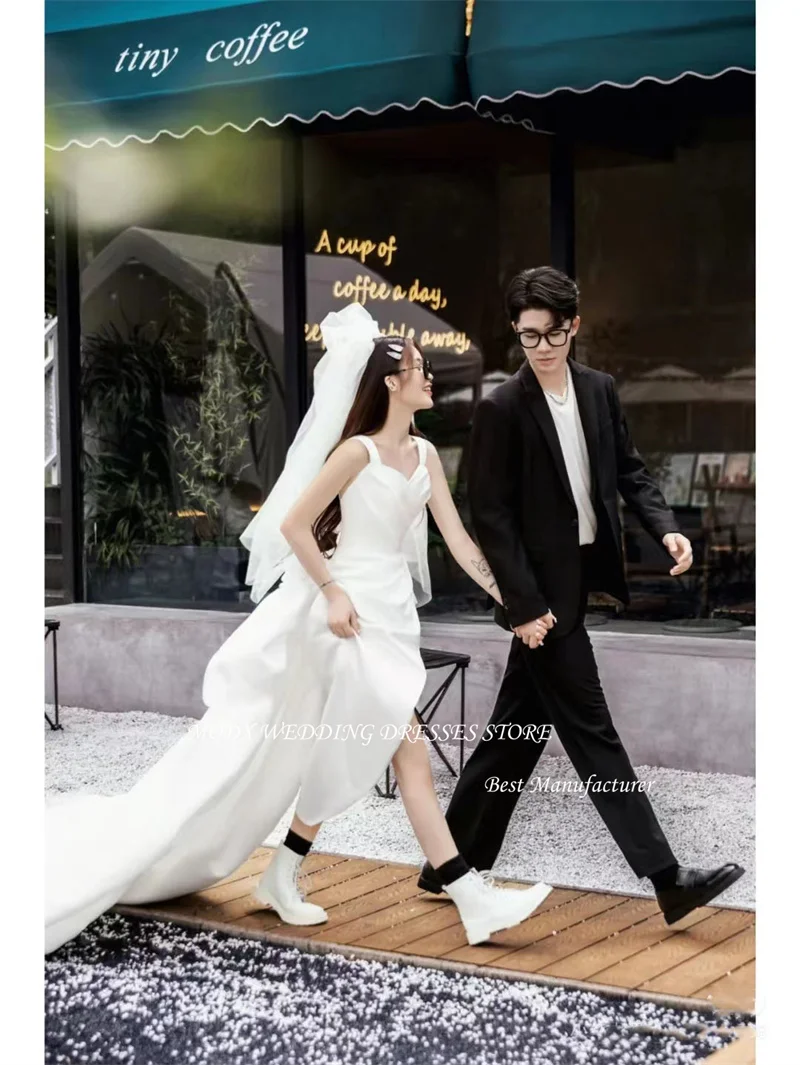 MODX Simple Soft Satin Split Wedding Dresses Straps Plain Tea-Length Short Bridal Gowns Formal Party Dress Korea Photo shoot