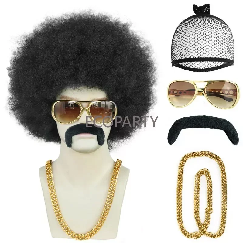 Men's Black Short Curly Synthetic Cosplay Wig Honey Gold Brown 70s Disco 4 Piece Mustache Gold Chain Halloween Costume Party Wig