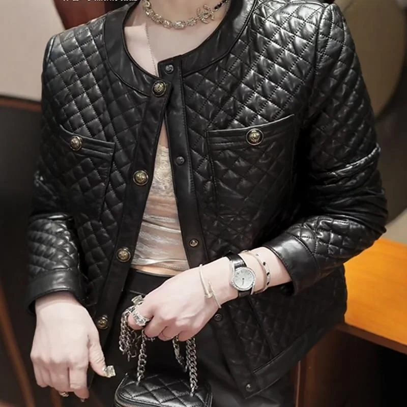 Ele Quilted Cotton Top Layer eepskin Women's Jaet Small Fraance Sle Diamond Pattern 2024 New Arrival Leather Coat