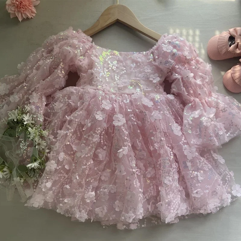 Custom Flower Girl Dress Wedding Gown Birthday Party Pageant Dress 3D Floral Sequin Long Sleeve Tulle Dress For Girls فساتي