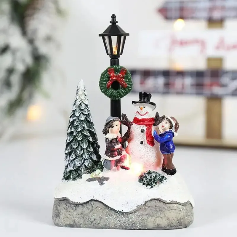 LED Christmas Village Miniature Set, Resin Microlandscape Figurines with Lights, Santa Pine Snow Scene, Holiday Desk Decor Gift