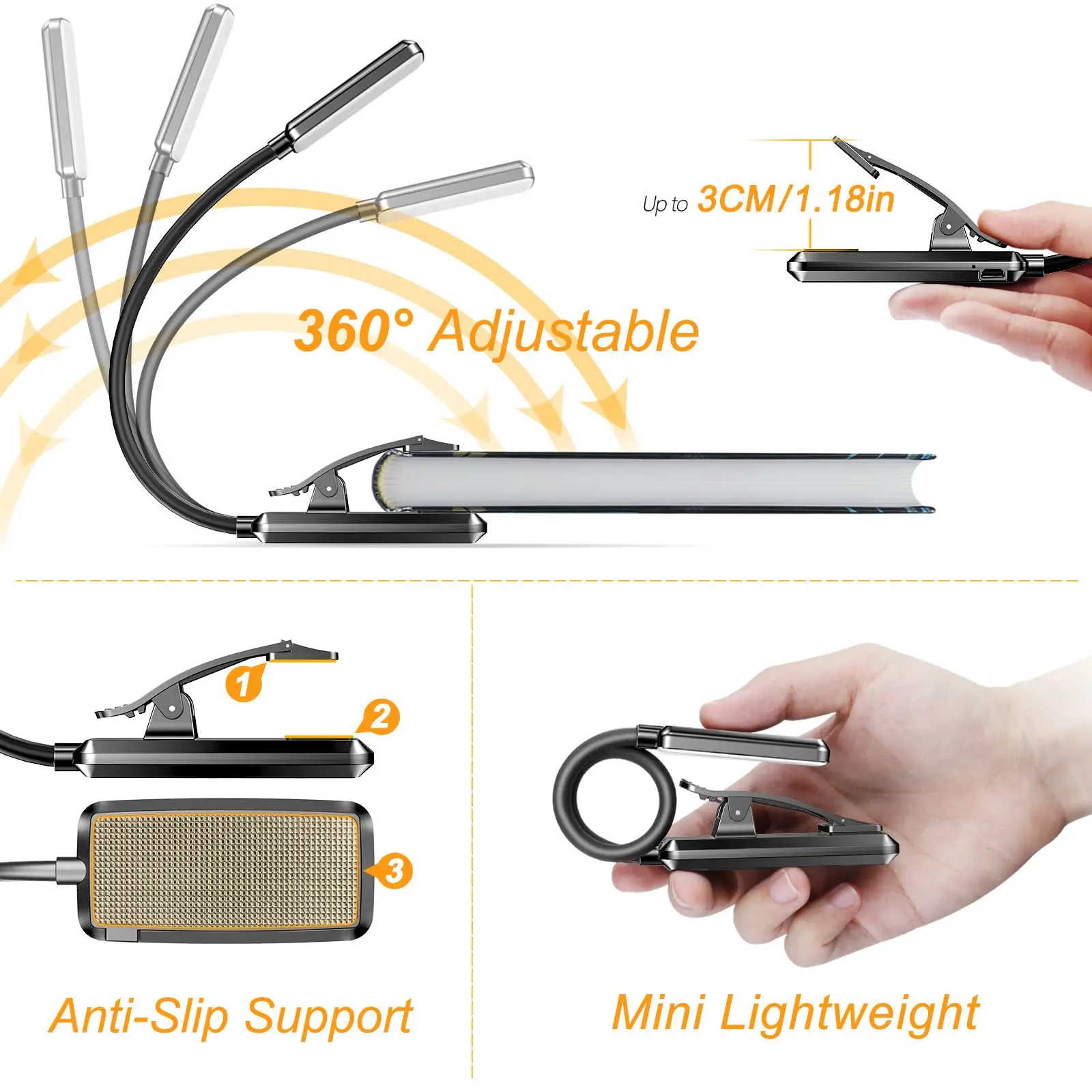 LED Rechargeable Book Light Reading in Bed Eye Caring 3 Color Temperatures Stepless Dimming Brightness
