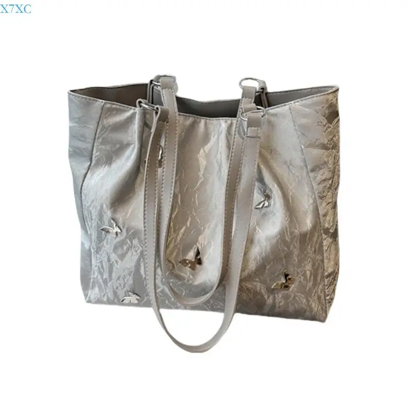 X7XC Shoulder Bag with Spacious Interior Butterfly Accent PU Underarm Handbag