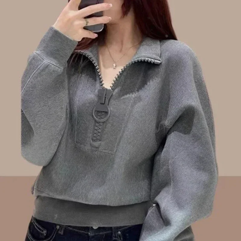 Women\'s Sweatshirts Grey Cropped Female Top Spring and Autumn Novelty Emo Youthful Clothes Y2k Style Korean Popular M Pullovers