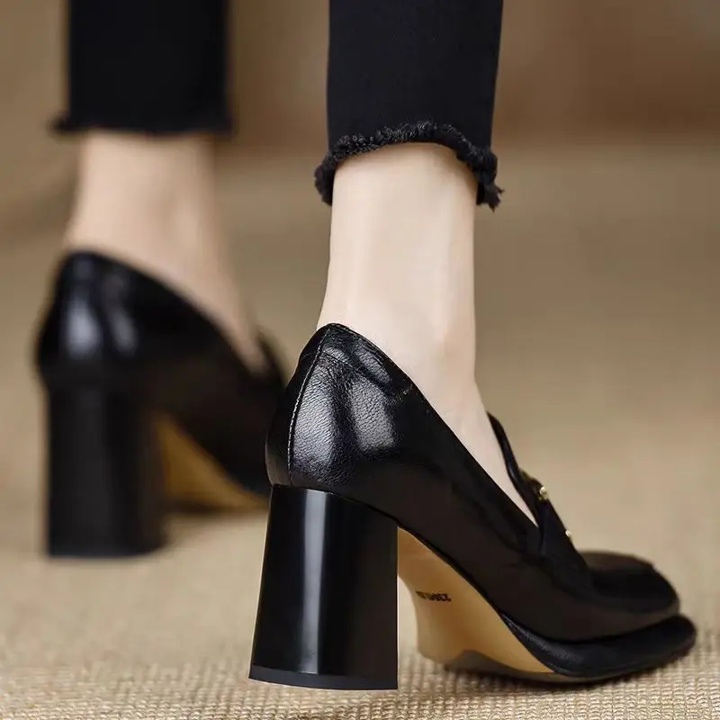 Fashionable Metal Square Buckle High-heeled Loafers for Women Casual Shoes British Retro Solid Color Heels for Ladies High Heels