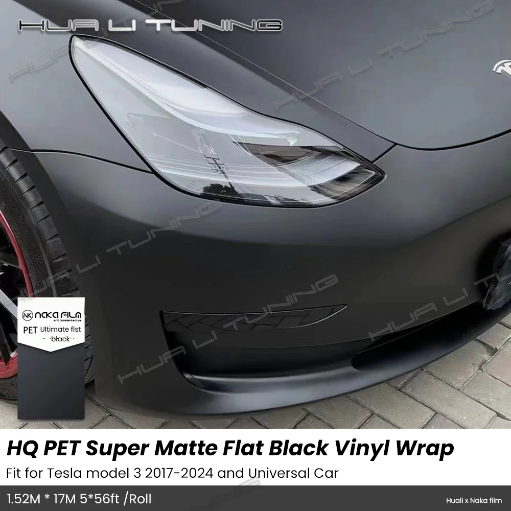 Ultimate Matte Black Vinyl Wrap For Tesla Model 3 Y 2017-2024 LowTack Glue 1.52*17M/Roll 5x56ft Air Bubble Free PET Auto Film