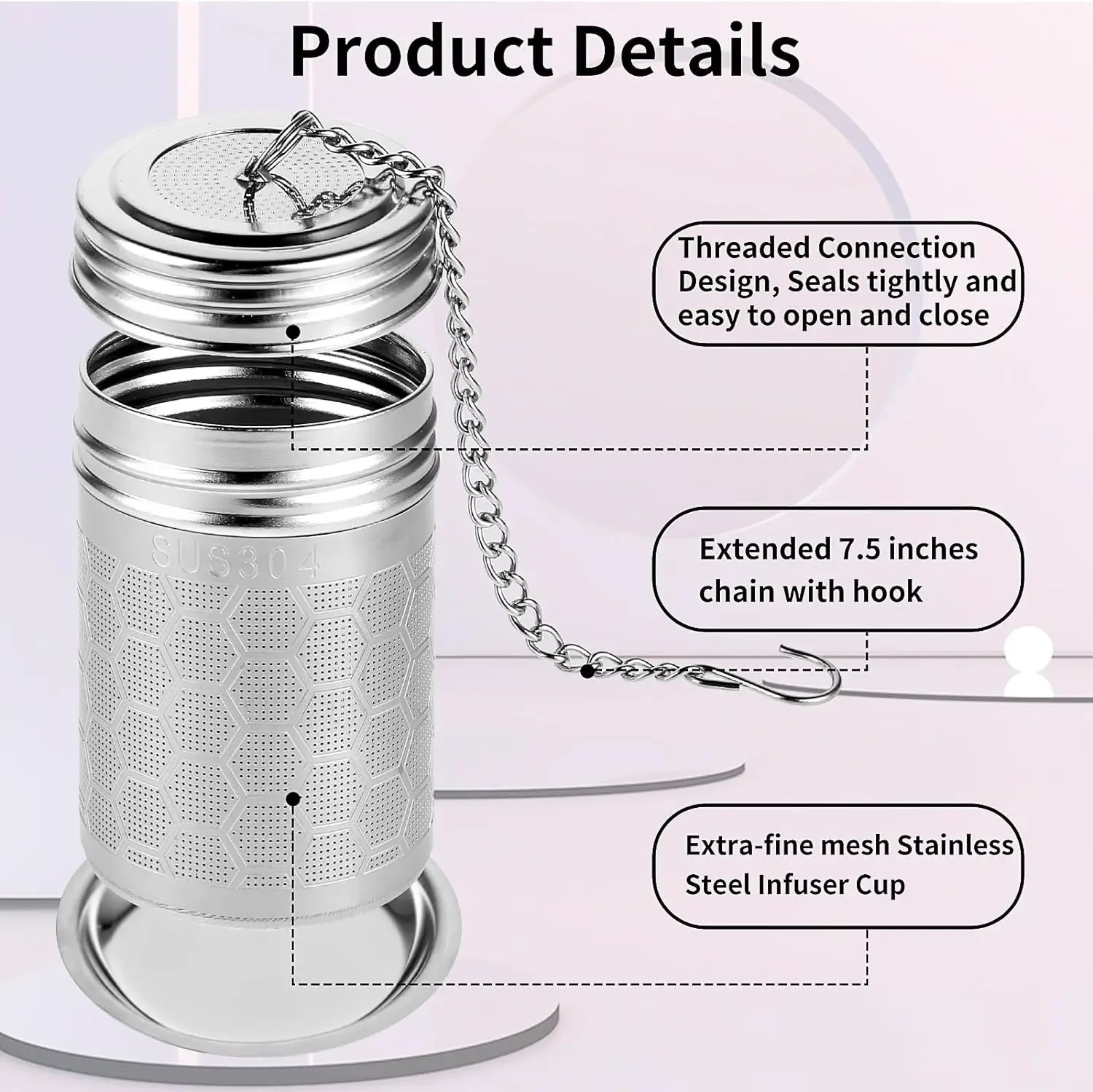 304 Stainless Steel Tea Strainers Set Extra Fine Mesh Tea Infuser for Loose Leaf Tea - Updated Slim Threaded Lid for Black Tea