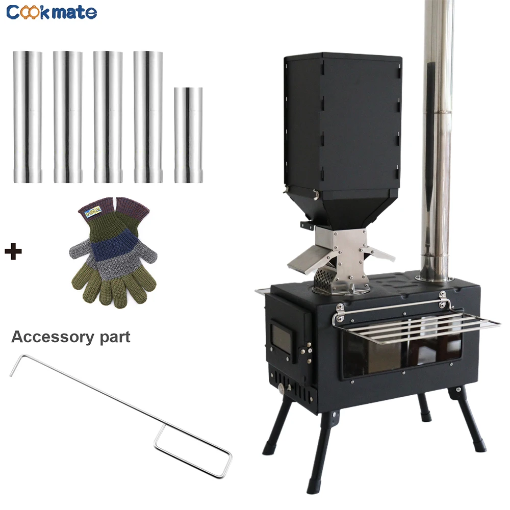 

Portable Outdoor Camping Wood-burning Stove Wood Burner Stainless Steel Foldable Tent Heater w Tent Fire Window Patio Fireplace