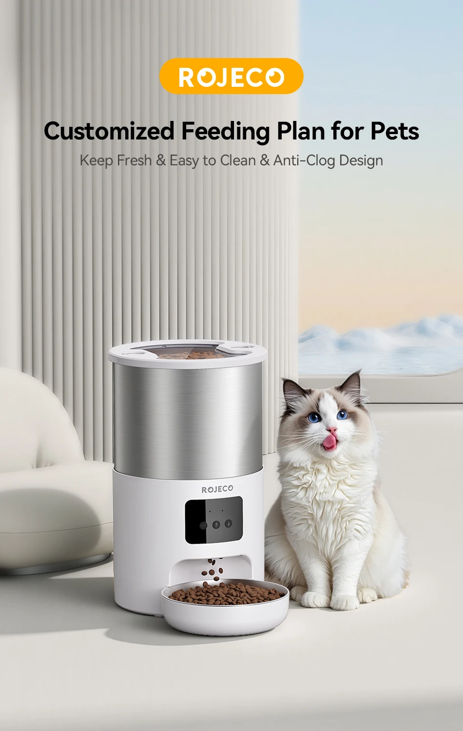 ROJECO 4,5 l automatischer Katzenfutterspender aus Edelstahl, WiFi-App, Fernbedienung, Sprachaufzeichnung, intelligenter Hundefutterspender, Heimtierbedarf – Detail 1