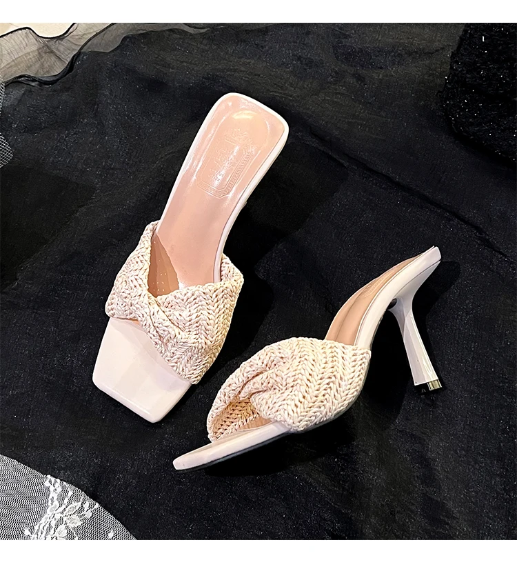 AIYKAZYSDL Women Open Toe Twist Weave Knit Crochet High Heel Slides Mules Sandals Slippers Wedding Shoes Concise Pumps 2026
