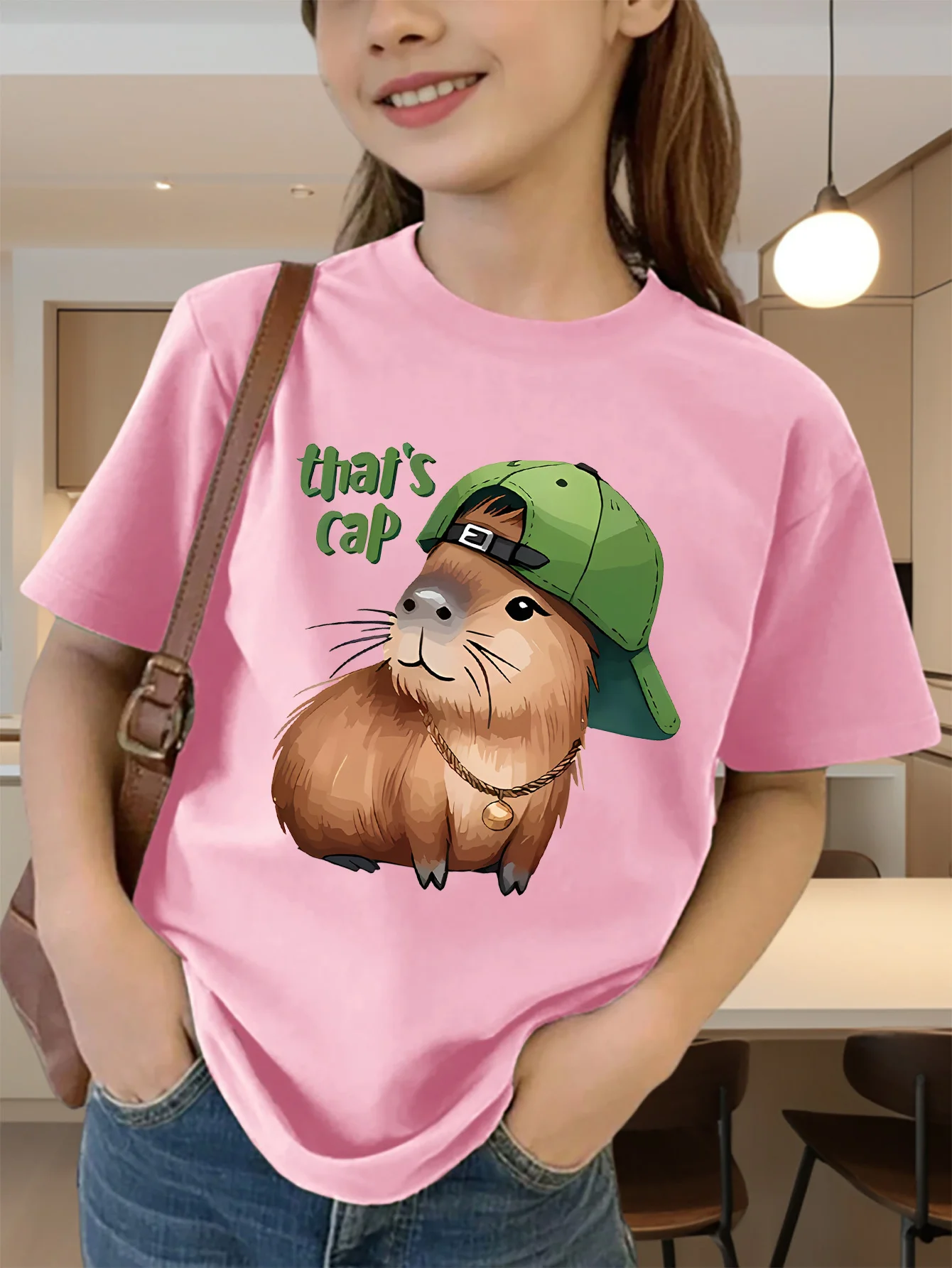 Cute Cap Wearing Capybara Slogan Print Graphic Kids Tee Boys Girls Family Matching Cotton Crew Neck Short Sleeve Soft Summer Tee