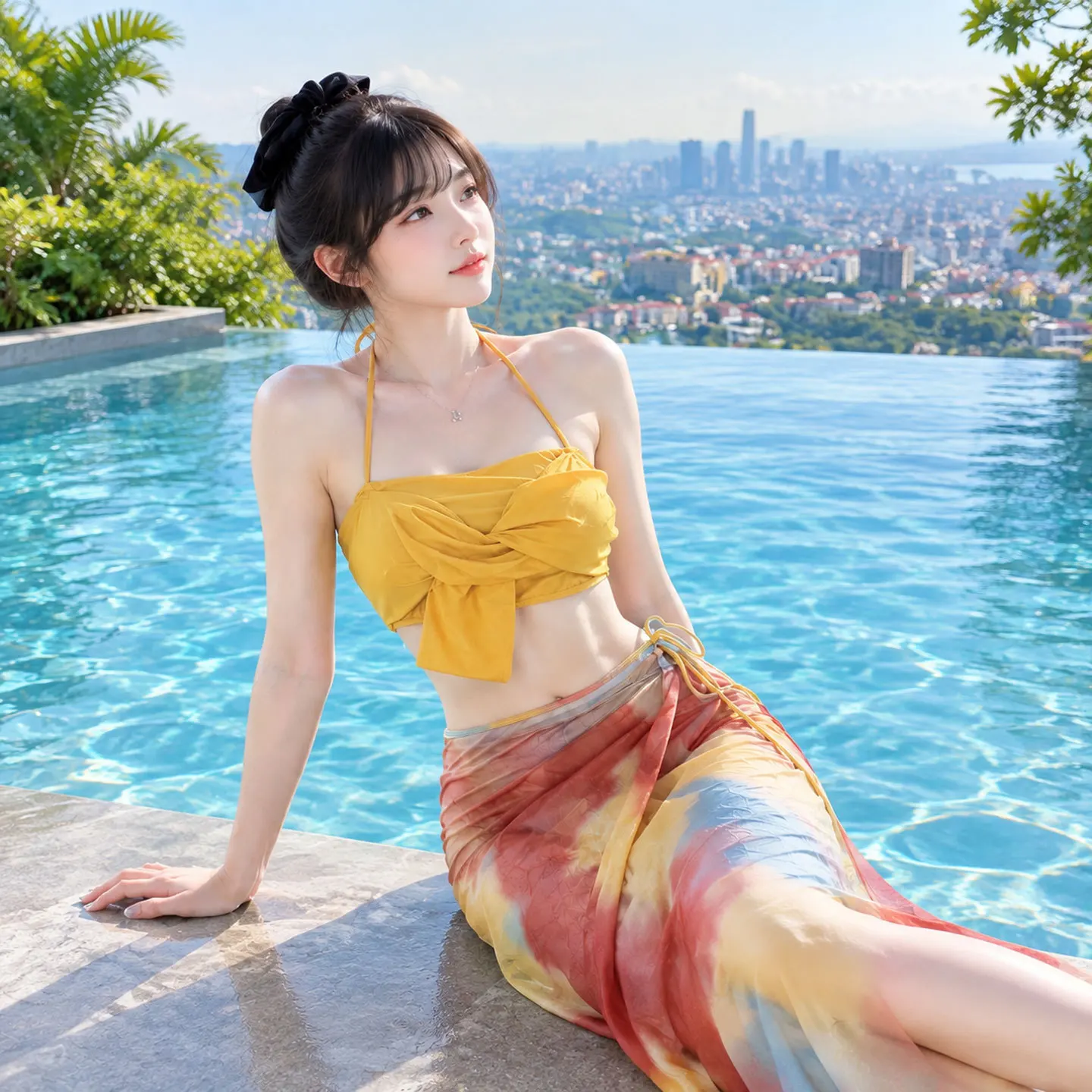 sexy yellow tie dye print vest bikinis sets 3pcs with long tie mesh skirt sweet swimsuits swimwear bathing suits biquini tankini