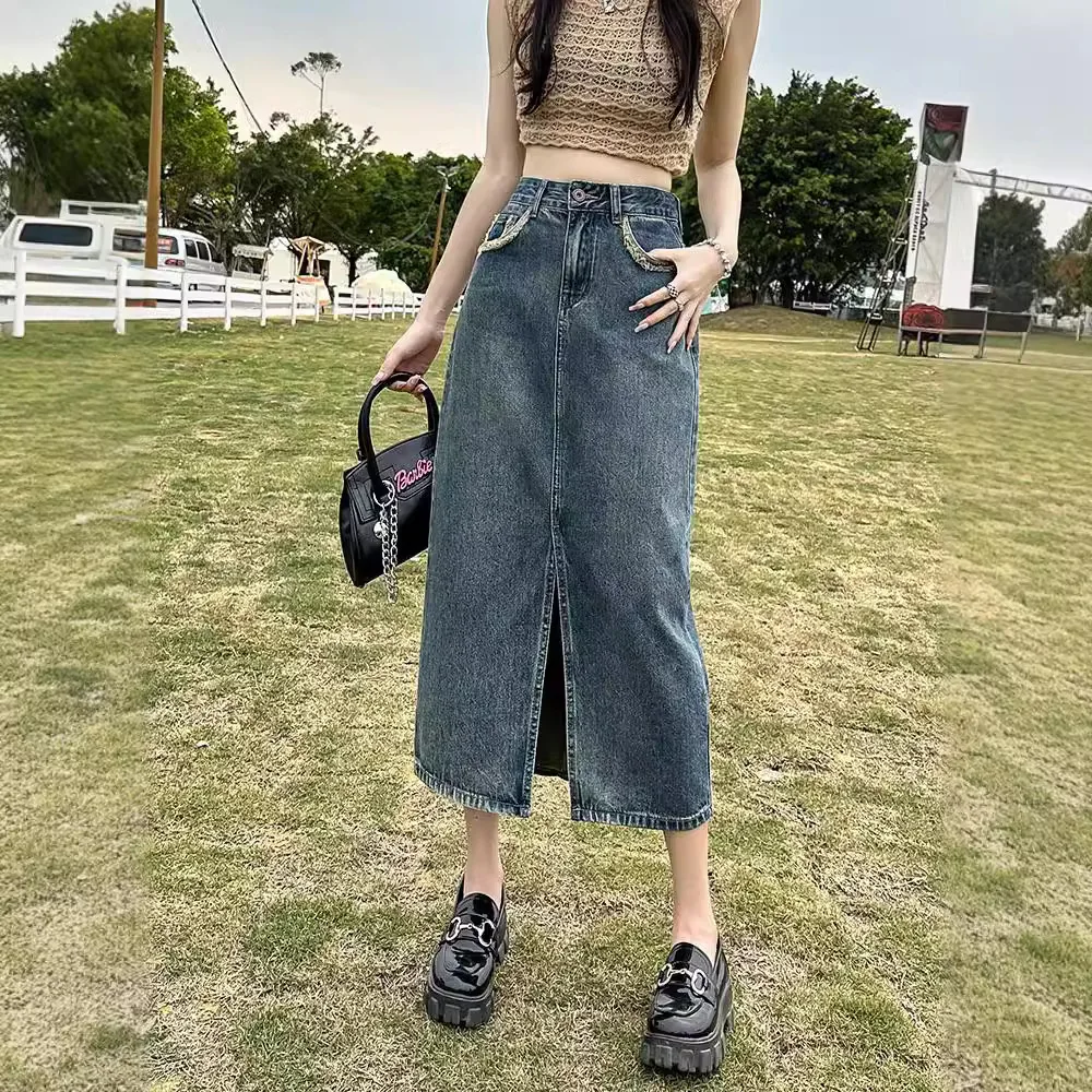 

Women's High Waist Raw Trim Pocket Midi Denim Skirt, Front Center Split Straight Cut Vintage Washed Blue Jean Skirt