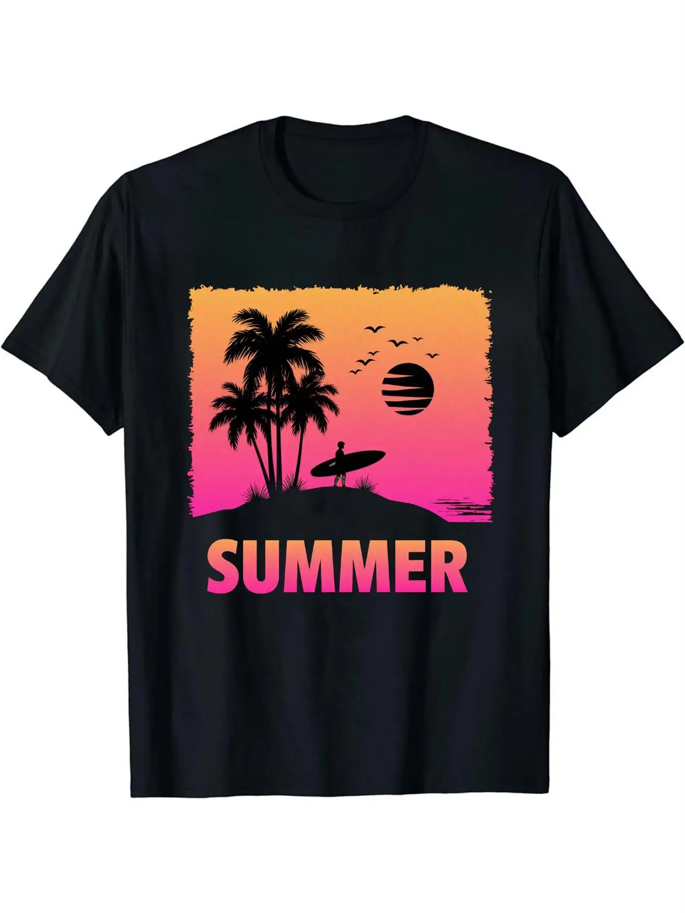 Vacation Men's Black Graphic T-Shirt Summer Surfboard Palm Tree Sunset Beach Bird Silhouette Bold Letter Print 100% Cotton Heavyweight Short Sleeve Casual Streetwear Tee