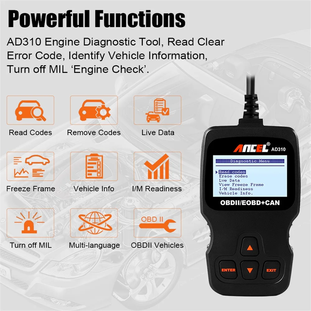 Ancel AD310 OBD2 Scanner Professional Car Code Reader Check Engine OBDII OBD 2 Automotive Scanner Diagnostic Tools pk ELM327