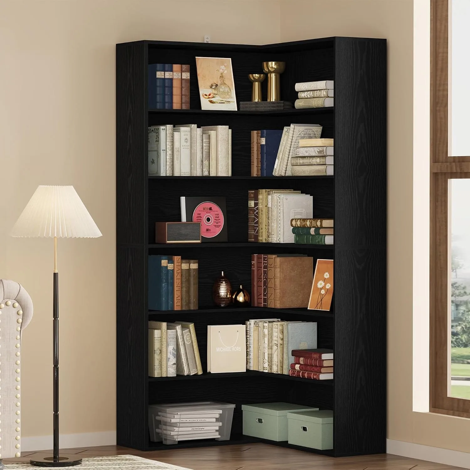 Corner Bookshelf, 6 Tiers Corner Shelf with Baffles Etagere Rack