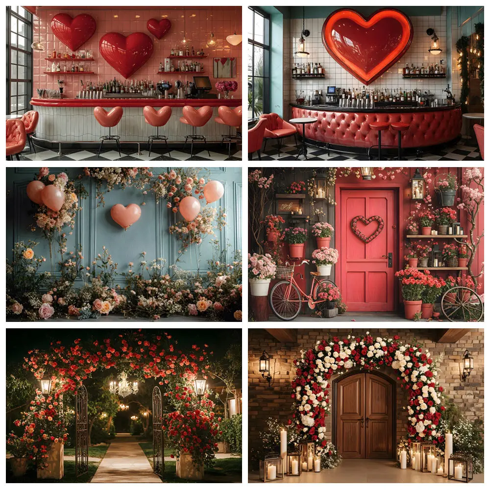 

Valentine's Day Photography Backdrops February 14 Roses Wooden Arch Wedding Party Couple Portrait Decor Background Photo studio