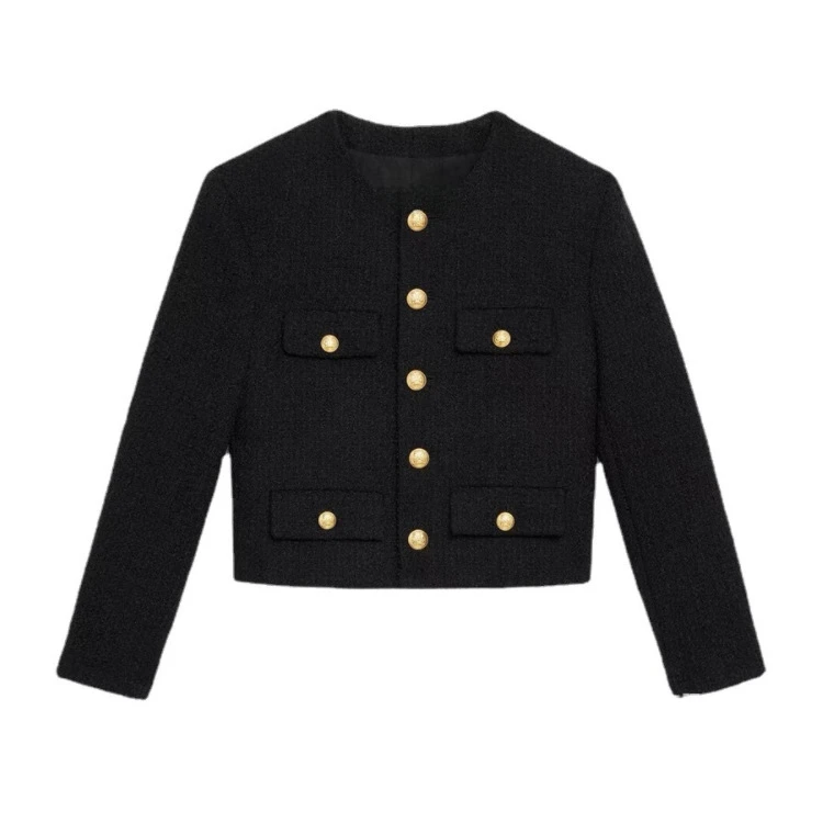 Temperament Solid Color Coat Wool Coarse Wool Multi Pocket British Style Top