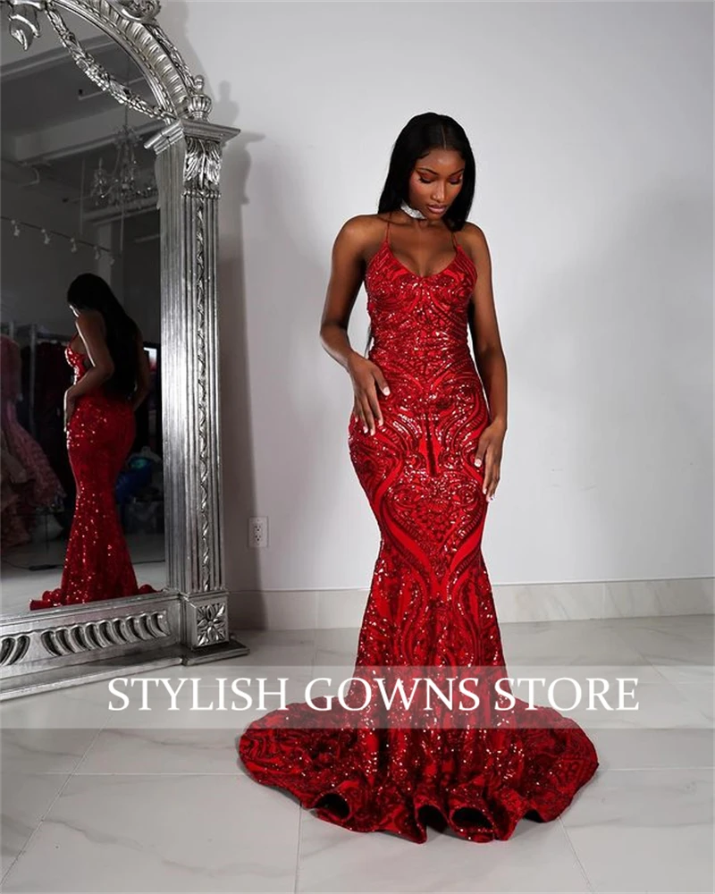 African Black Girl Prom Dress Sparkly Sequined Mermaid Formal Gown Evening Gowns Red Luxury Dresses Birthday Party Customized