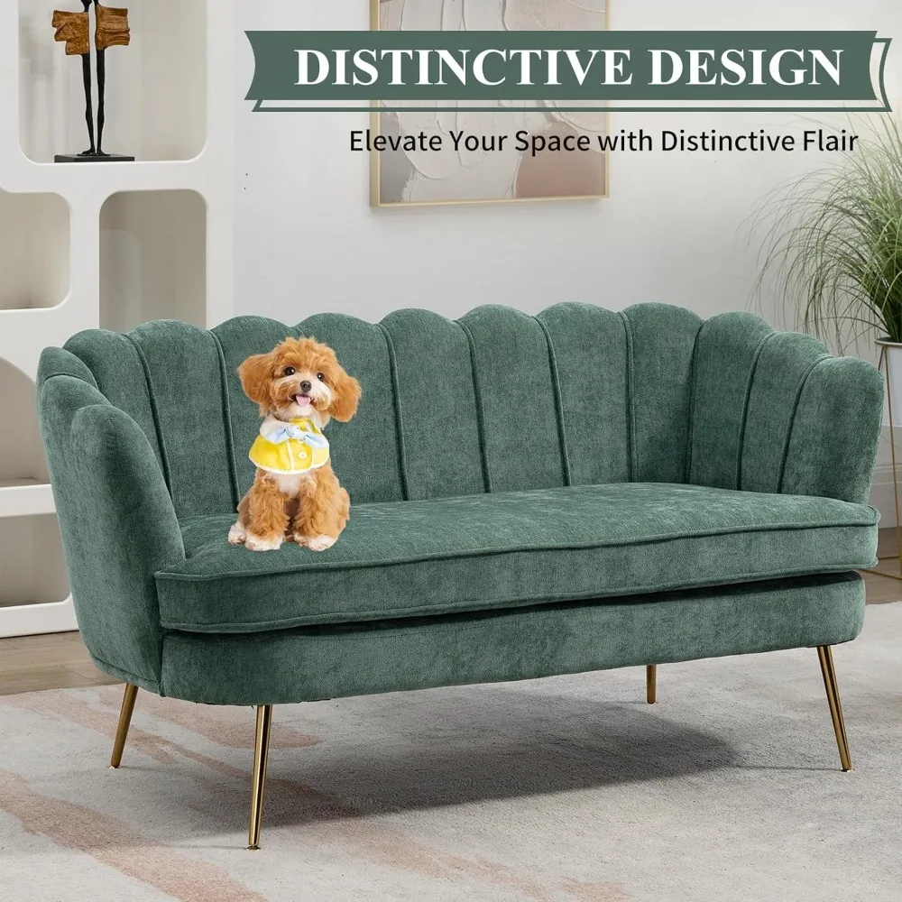 أريكة عصرية بمقعدين من الشنيل على شكل بتلة، أرجل معدنية ذهبية، أريكة صغيرة للترفيه، مقاس صغير مريح للجلوس #3