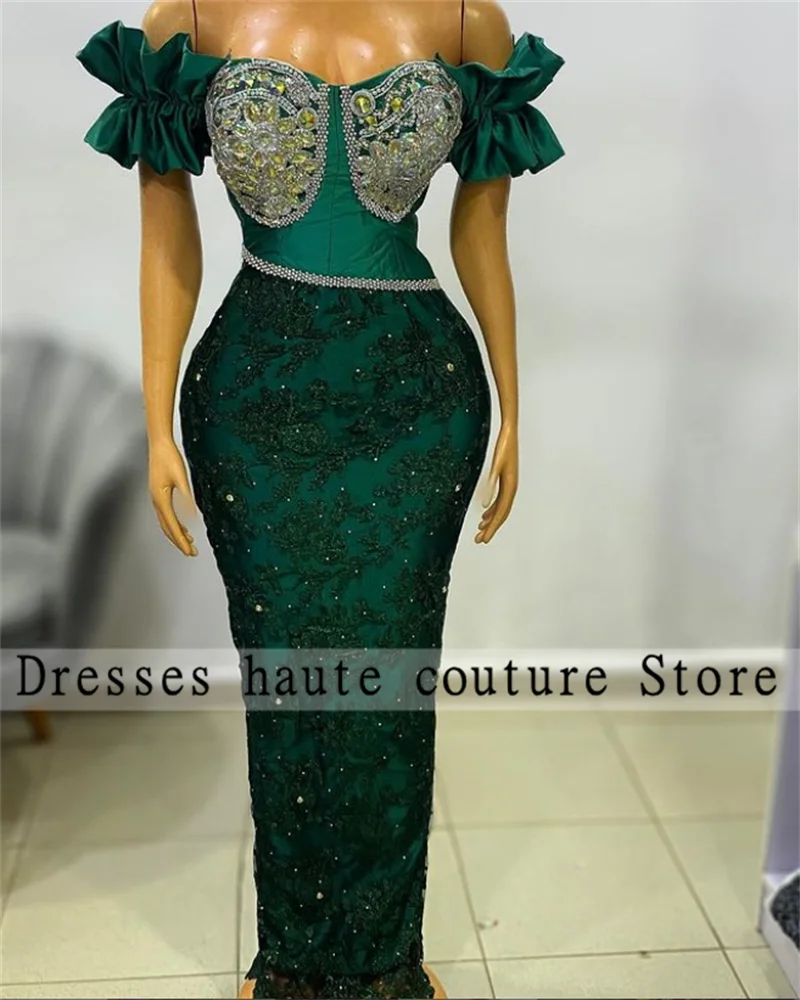 Aso Ebi Green African Crystal Mermaid Evening Dresses Luxury 2025 Appliques Wedding Party Dress For Women Prom Dress Customized