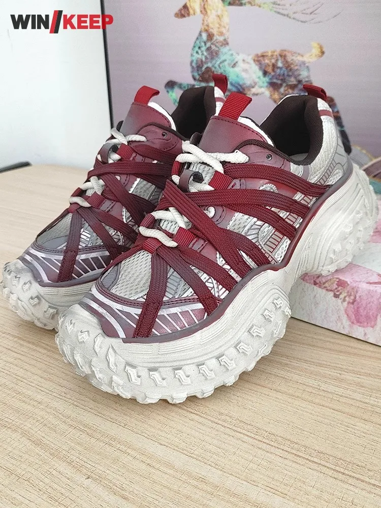 Women Running Trainers Patchwork Vintage Lace Up Platform Sport Shoes Comfortable Breathable Hip Hop Lovers Designer Sneakers