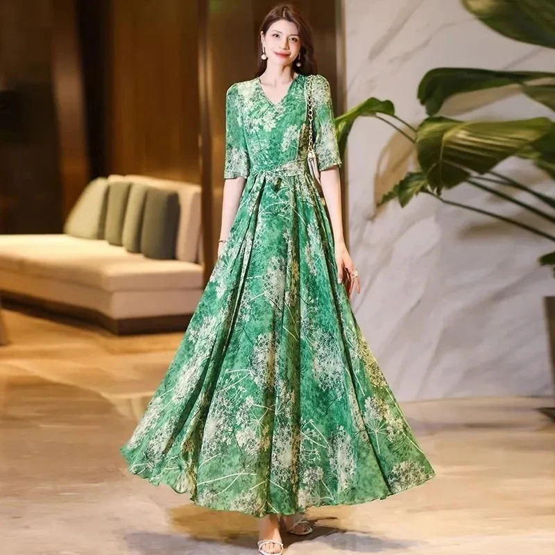 5XL Fashion Mulberry Silk Dress Mujer 2026 Spring Summer New Temperament Printing Loose Slim Flower Long Dress Female Elegant