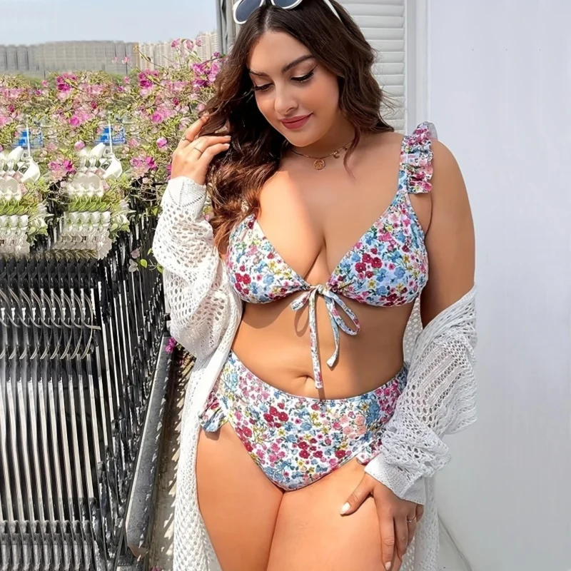 Zestawy seksowne Bikini Plus Size strój kąpielowy kobiety wyściełany wysoki stan 2 częściowy strój kąpielowy marszczony letni strój kąpielowy