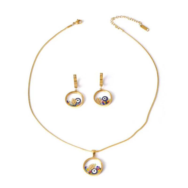 2024 Stainless Steel Round Drop Oil Eye Glass Pendant Necklace Earrings Jewelry Set for Women Girl Trend Party Wedding Gift