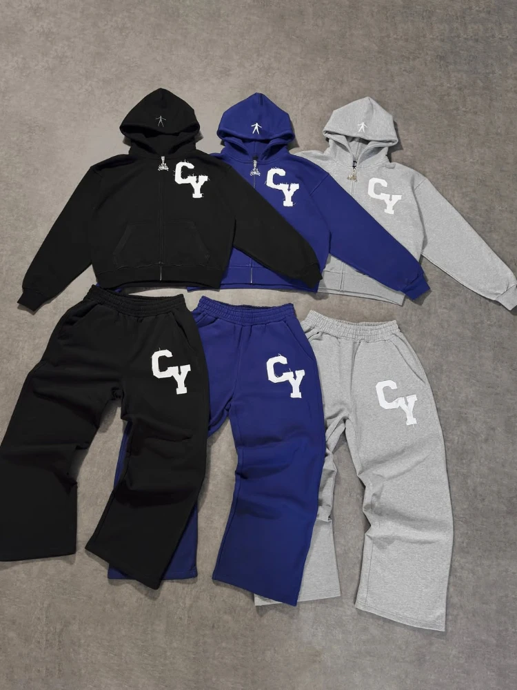 Streetwear Men's Fashion C Y Letter Zipper Set Multiple Colors Available Street Style Relaxed Unique Look Casual Two-Piece Set